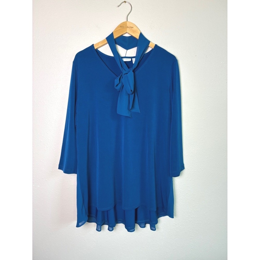 SUSAN GRAVER Liquid Knit Large Teal 3/4 Sleeve Layered Tunic Top Necktie Office‎